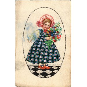 Girl with flowers art postcard (EB)