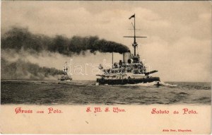 Pola, Pula; SMS WIEN Osztrák-Magyar Haditengerészet Monarch-osztályú partvédő csatahajója / K.u.k. Kriegsmarine ...
