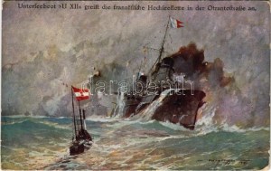 1915 Unterseeboot U XII greift die französische Hochseflotte in der Otrantostrasse an. Offizielle Postkarte des Österr...