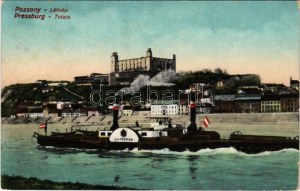 1912 Pozsony, Pressburg, Bratislava; LUITPOLD oldalkerekes vontató gőzhajó a vár alatt ...