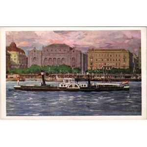 Budapest, KORNFELD ZSIGMOND vontató gőzös a Vigadó előtt. MFTR Művészlevelezőlap 6314-17. Klösz műintézet ...