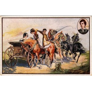 Petőfi Centenárium: Pusztai találkozás (Betyár lovag) / Hungarian folklore art postcard...