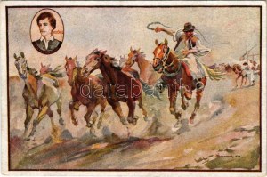 Petőfi Centenárium: Kinn a ménes / Hungarian folklore art postcard. Edition of the Petőfi Academy s: Benyovszky (EB...