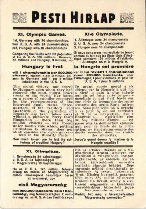 1936 Igazságot Magyarországnak! Hátoldalon Pesti Hírlap XI. Olimpiai cikke / Justice pour la Hongrie! ...