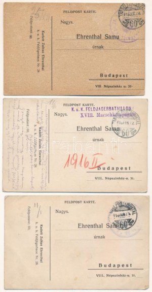 1915-1916. 3 db RÉGI egyedi készítésű tábori fotós képeslap, Ehrenthal Zoltán a cs. és kir. 28...