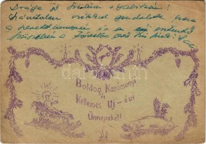 Boldog Karácsonyi és Kellemes Újévi Ünnepeket! Kézzel rajzolt Tábori Postai Levelezőlap / WWII Hungarian military hand...