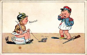 Antwerpen besetzt / Német nyelvű humoros katonai művészlap gyerekekkel ...