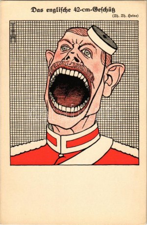Das englische 42-cm-Geschütz. Kriegspostkarte des Simplicissimus Nr. 5. Druck von Strecker & Schröder...
