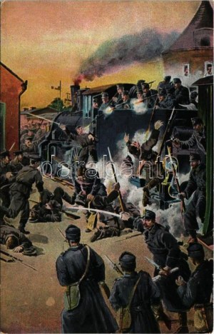 Első világháborús osztrák-magyar katonai művészlap, gőzmozdony / WWI Austro-Hungarian K.u.k. military art postcard (EK...