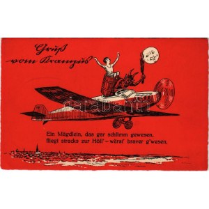 Gruss vom Krampus / Krampusz repülőgépen virgáccsal és hölggyel, Hold / Krampus with airplane, birches...
