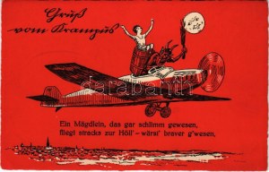 Gruss vom Krampus / Krampusz repülőgépen virgáccsal és hölggyel, Hold / Krampus with airplane, birches...
