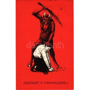 1936 Üdvözlet a Krampusztól! / Krampus beating art postcard. C.H.W. VIII/2. 2505-6. (EB)