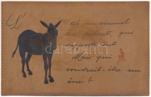 Krampusz és szamár, bőrből készült képeslapon / Krampus and donkey. Postcard made of leather (fa...