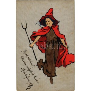 1905 Boszorkány vagy női krampusz, egyedi kézzel festett művészlap. L.W. jr. &amp; C.H. / Unique hand...