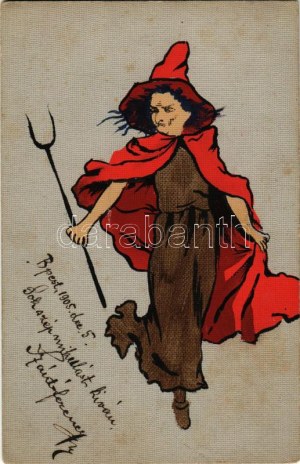 1905 Boszorkány vagy női krampusz, egyedi kézzel festett művészlap. L.W. jr. & C.H. / Unique hand...