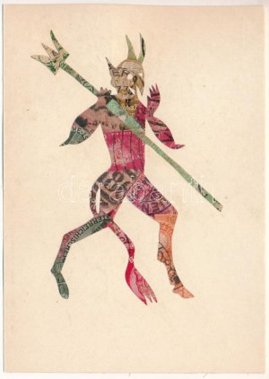 Krampusz. Bélyegekből kivágott és összeragasztott képeslap. Budai nyomda / Krampus...