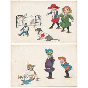 2 db RÉGI olasz kutyás művészlap / 1 pre-1945 Italian dog art postcards + K.u.k. Matrosendetachement Grado...