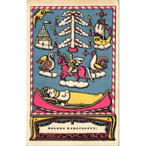 Boldog Karácsonyt! Nyomtatta és kiadja Kner Izidor, Gyoma / Hungarian art postcard with Christmas greeting s...