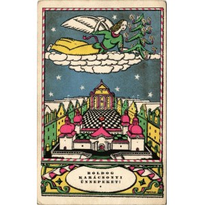 1928 Boldog Karácsonyi Ünnepeket! Nyomtatta és kiadja Kner Izidor, Gyoma / Hungarian Christmas art postcard s: Kozma + ...
