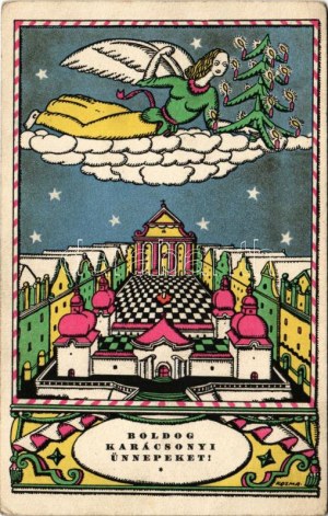 1928 Boldog Karácsonyi Ünnepeket! Nyomtatta és kiadja Kner Izidor, Gyoma / Hungarian Christmas art postcard s: Kozma + ...