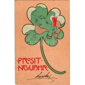 1903 Prosit Neujahr! / Újévi szecessziós művészlap, hölgy pezsgővel és lóherével ...