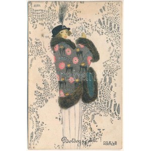 1917 Boldog Karácsonyi Ünnepeket! / Art Nouveau lady, B.K.W.I. 3090-2. s: Mela Koehler (r)