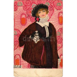 1913 Art Nouveau lady with dog. B.K.W.I. 621-3. s: Mela Koehler (EB)