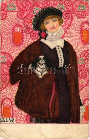 1913 Art Nouveau lady with dog. B.K.W.I. 621-3. s: Mela Koehler (EB)
