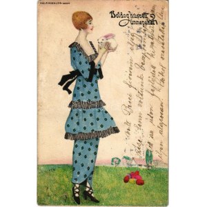 Boldog Húsvéti Ünnepeket! / Easter greeting art postcard. B.K.W.I. 4691-6. s: Mela Koehler (ázott sarok / wet corner...