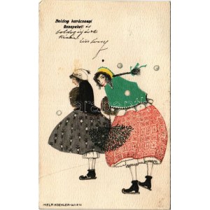 Boldog karácsonyi ünnepeket! Korcsolyázó hölgyek / Christmas greeting, ladies ice skating. B.K.W.I. 3121-4. s...