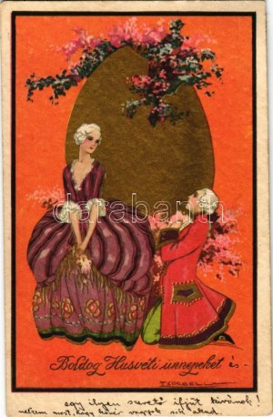 1932 Boldog húsvéti ünnepeket! / Easter greeting art postcard, Baroque love couple s: T. Corbella (EK...