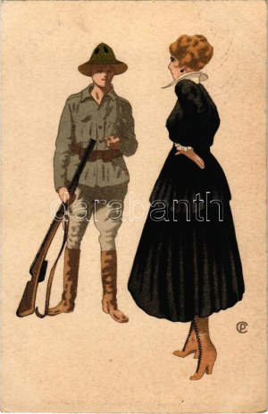 1918 Elegáns hölgy és katona. / Elegant lady and soldier art postcard. Ed. R.A. Serie 101. litho + 