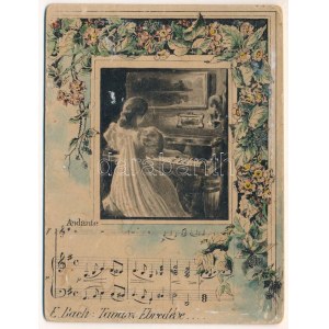 1903 Egyedi, kézzel készített kottás művészlap, E. Bach: Tavasz Ébredése, hölgy zongoránál...