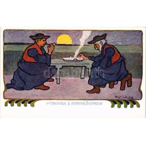 Hortobágyi vacsora. Magyar művészlap / Hungarian art postcard s: Pálinkás