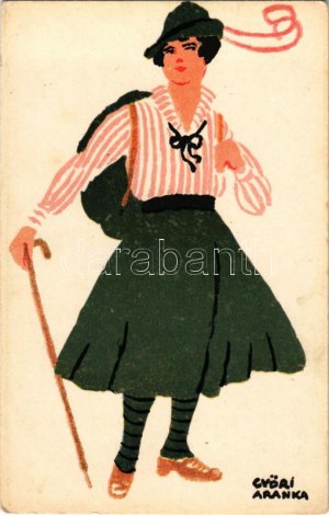 Kiránduló hölgy művészlap, hátoldalán Diana púder reklám / Hungarian art postcard, hiking lady...