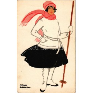 Síelő hölgy művészlap, téli sport, Diana krém reklám a hátoldalon / Skiing lady. Hungarian art postcard, winter sport...
