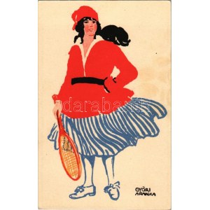 Teniszező hölgy művészlap. Diana krém reklám a hátoldalon / Tennis playing lady. Hungarian art postcard, sport...
