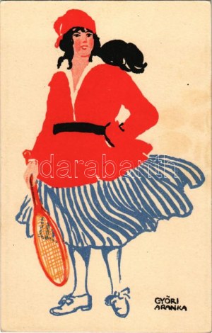 Teniszező hölgy művészlap. Diana krém reklám a hátoldalon / Tennis playing lady. Hungarian art postcard, sport...