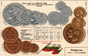 Bulgaria - Set of Bulgarian coins, national flag, currency exchange chart. H. S. M. Emb. litho (tiny pinhole...