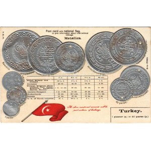 Türkiye / Turkey - Set of Turkish coins, national flag, currency exchange chart. H. S. M. Emb. litho (tiny pinhole...