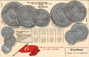 Türkiye / Turkey - Set of Turkish coins, national flag, currency exchange chart. H. S. M. Emb. litho (tiny pinhole...