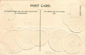 Türkiye / Turkey - Set of Turkish coins, national flag, currency exchange chart. H. S. M. Emb. litho (tiny pinhole...