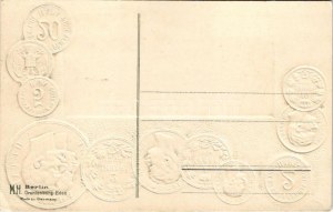 Serbien / Servia / Set of coins, currency exchange chart and flag of Serbia. M.H. Berlin-Oranienburg-Eden. Emb. litho ...