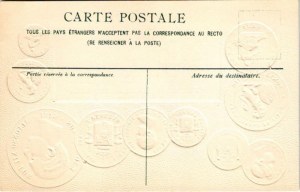 Spanien / Set of coins, currency exchange chart and flag of Spain. H.S.M. Emb. litho (lyukak / pinholes...