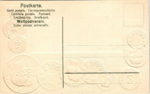 La Servie / Set of coins, currency exchange chart and flag of Serbia. H.S.M. Emb. litho (lyukak / pinholes...