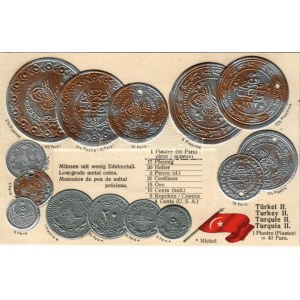 Türkei II. - Münzenkarte und Nationalflagge / Turkish coins and flag. Emb. litho