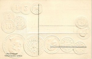 Deutschland / Allemagne / Set of coins, currency exchange chart and flag of Germany. Max Heimbrecht Berlin-Oranienburg...