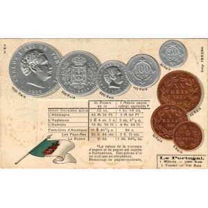 Le Portugal. Münzenkarte und Nationalflagge / Portuguese set of coins, currency exchange chart and flag. H.S.M. Emb...