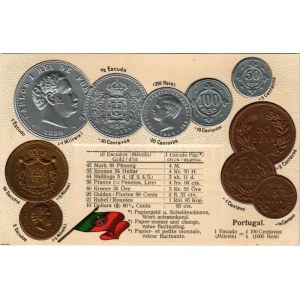 Portugal. Münzenkarte und Nationalflagge / Portuguese set of coins, currency exchange chart and flag. Emb. litho (lyuk ...