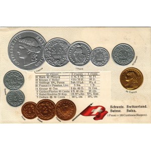 Schweiz. Münzenkarte und Nationalflagge / Swiss set of coins, currency exchange chart and flag. Emb. litho (lyuk ...